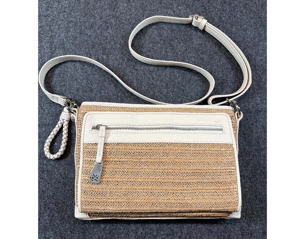 Brighton Straw Raffia Crossbody Bag w White Leather Trim Braided Charm Key Fob